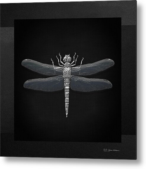 'beasts Creatures And Critters' Collection By Serge Averbukh Metal Print featuring the digital art Silver Dragonfly on Black Canvas by Serge Averbukh