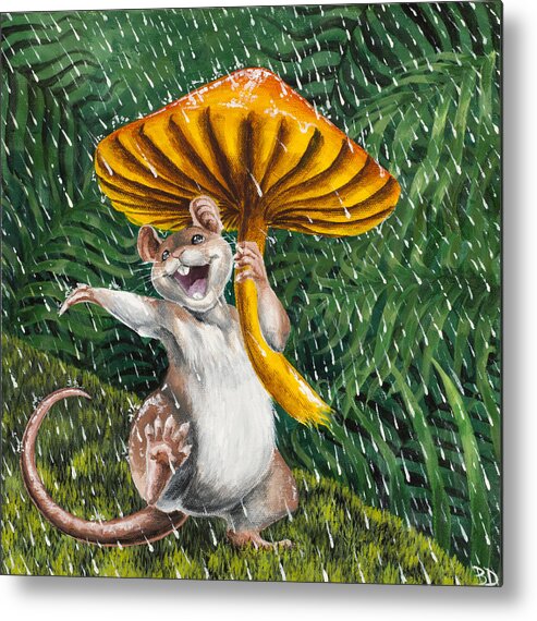 Mouse Rain Forest Mushroom Toadstool Rat Rodent Sing Cartoon Moss Rainforest Wildlife Anthropomorphic Happy Ferns Raining Singing Animals Metal Print featuring the painting Singing in the Rain by Beth Davies