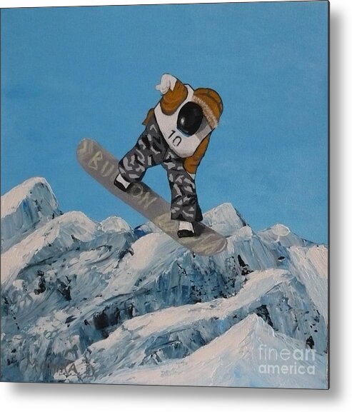 Snow Metal Print featuring the painting Snowboarder-top view by Monika Shepherdson
