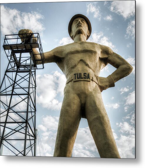America Metal Print featuring the photograph Square Format Tulsa Oklahoma Golden Driller - Vintage by Gregory Ballos