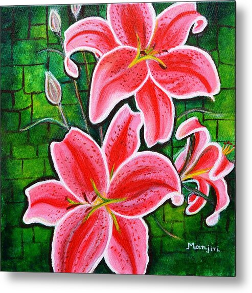 Lilies Metal Print featuring the painting Stargazer Lilies bold and vibrant floral painting on canvas by Manjiri Kanvinde