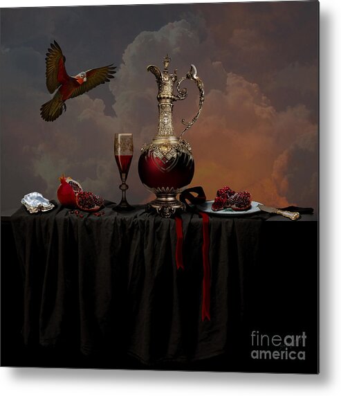 Red Metal Print featuring the photograph Still life with pomegranate by Alexa Szlavics