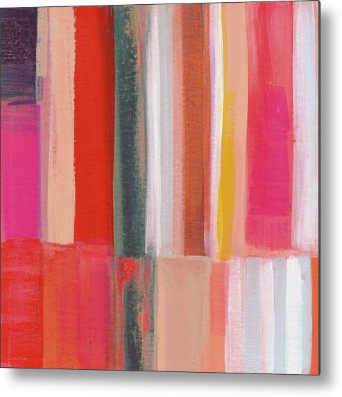 Abstract Modern Scandi Stripes Lines Square Large Colorful Colourful Pink Red Blue White Orange Texture Home Decorairbnb Decorliving Room Artbedroom Artloft Art Corporate Artset Designgallery Wallart By Linda Woodsart For Interior Designersgreeting Cardpillowtotehospitality Arthotel Artart Licensing Metal Print featuring the painting Stroget 1- Art by Linda Woods by Linda Woods