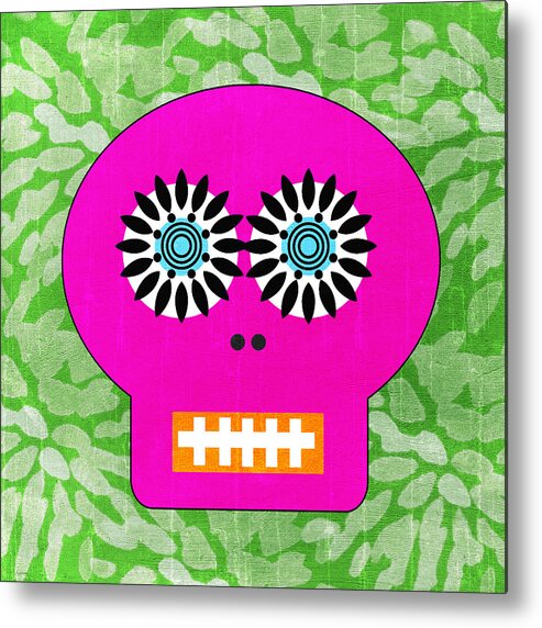 Day Of The Dead Metal Print featuring the painting Sugar Skull Pink and Green by Linda Woods