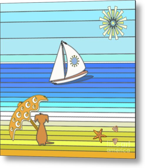 Dog Metal Print featuring the digital art Dog on Beach - Parasol in Paradise by Barefoot Bodeez Art