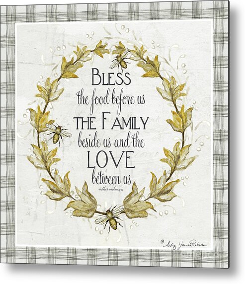 Bless The Food Metal Print featuring the painting Sweet Life Farmhouse 4 Laurel Leaf Wreath Bee Bless This Food by Audrey Jeanne Roberts