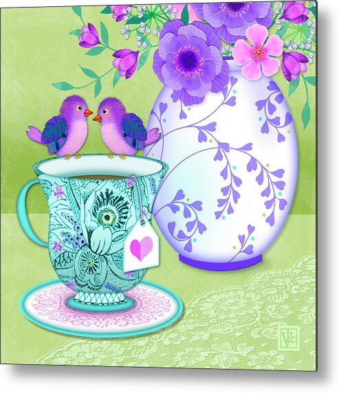 Tea Cup Metal Print featuring the mixed media Tea for Two by Valerie Drake Lesiak