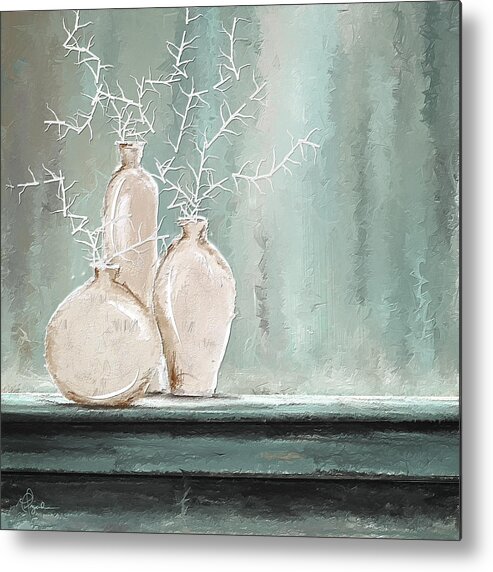 Turquoise Art Metal Print featuring the painting Teal And White Art by Lourry Legarde
