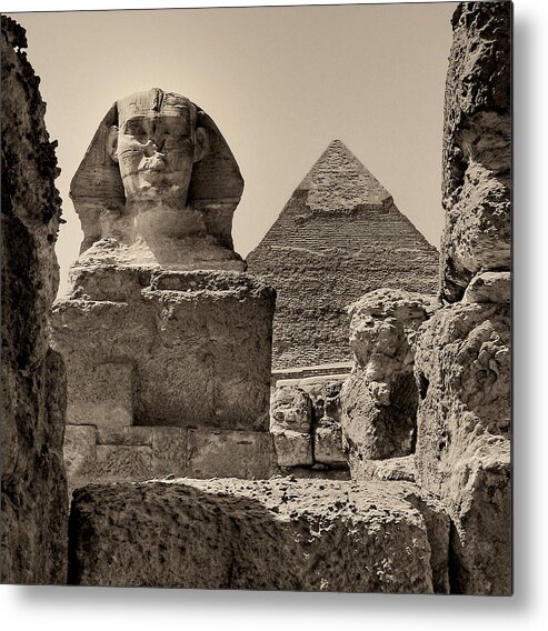 Great Sphinx Metal Print featuring the photograph The Great Sphinx and Pyramid of Khafre by Nigel Fletcher-Jones