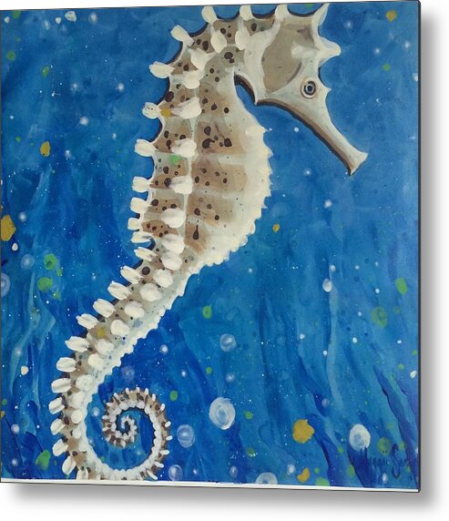 Seahorse ️blue Water Sealife Coastal Beachhouse Nature Metal Print featuring the painting The Lined Seahorse by Maggii Sarfaty