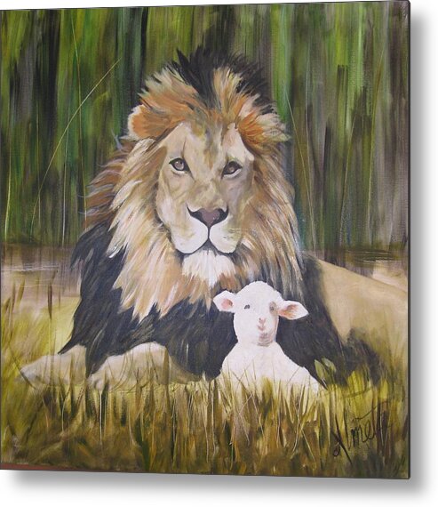 Lion Metal Print featuring the painting The Lion and the Lamb by Almeta Lennon