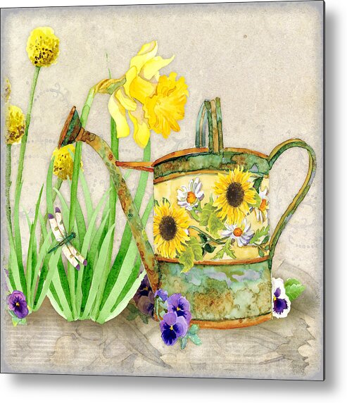 Pansy Metal Print featuring the painting The Promise of Spring - Watering Can by Audrey Jeanne Roberts