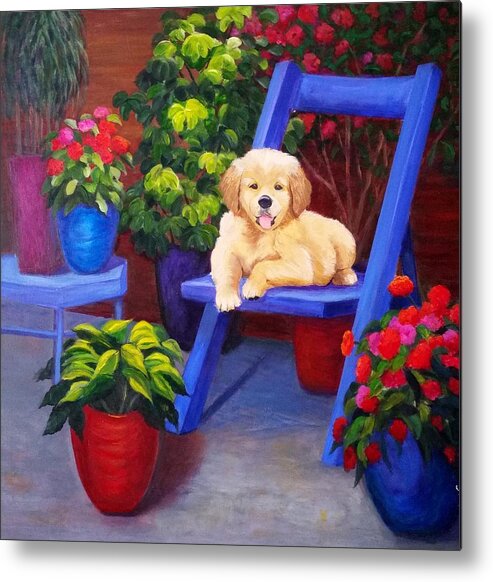 Dog Metal Print featuring the painting The puppy in the garden by Rosie Sherman