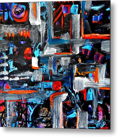 Textural And Geometric Abstract .black Dominates This Dramatic Expressionist Painting. Light Seems To Be Reflecting Off Wet Surfaces .the Feeling Of Movement Reminds Me Of A City During Or Just After The Rain . Metal Print featuring the painting The Reprieve by Priscilla Batzell Expressionist Art Studio Gallery