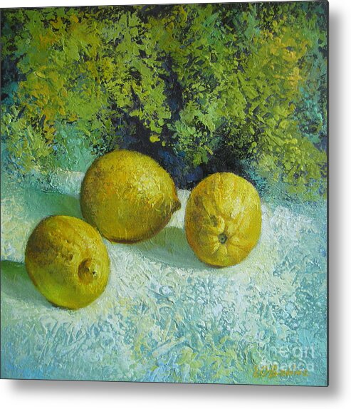 Lemons Metal Print featuring the painting Three lemons by Elena Oleniuc