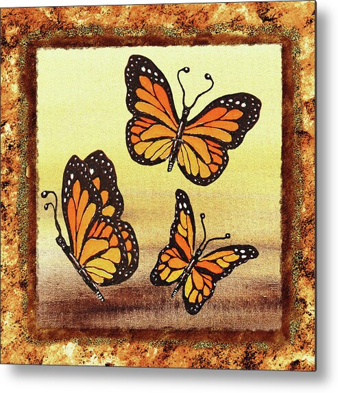 Monarch Butterfly Metal Print featuring the painting Three Monarch Butterflies by Irina Sztukowski