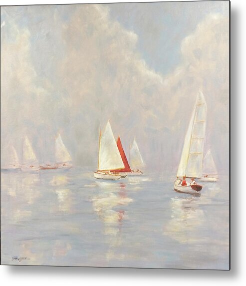 Catboats Metal Print featuring the painting Through The Mist by Barbara Hageman