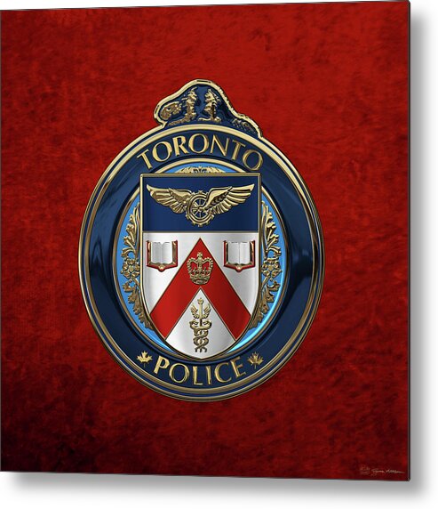 'law Enforcement Insignia & Heraldry' Collection By Serge Averbukh Metal Print featuring the digital art Toronto Police Service - T P S Emblem over Red Velvet by Serge Averbukh