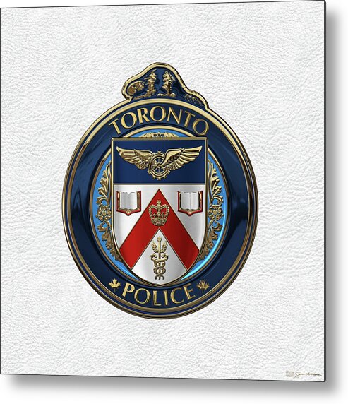 'law Enforcement Insignia & Heraldry' Collection By Serge Averbukh Metal Print featuring the digital art Toronto Police Service - T P S Emblem over White Leather by Serge Averbukh