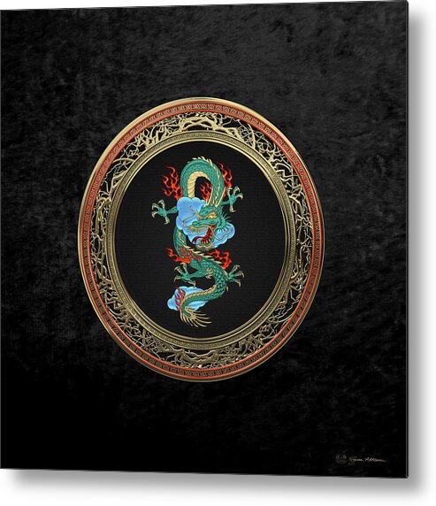 'treasure Trove' Collection By Serge Averbukh Metal Print featuring the digital art Treasure Trove - Turquoise Dragon over Black Velvet by Serge Averbukh