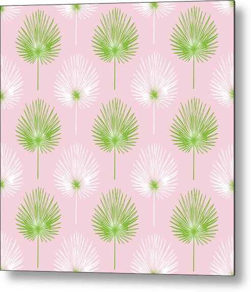 Tropical Metal Print featuring the mixed media Tropical Leaves on Pink 2- Art by Linda Woods by Linda Woods