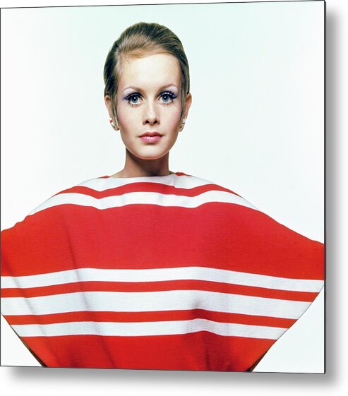 Woman Metal Print featuring the photograph Twiggy in Red Striped Coverup by Bert Stern