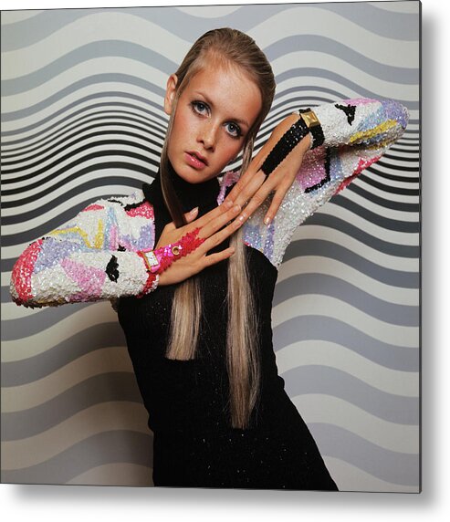 Model Metal Print featuring the photograph Twiggy Models in front of Waves by Bert Stern