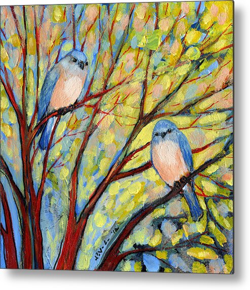 Bird Metal Print featuring the painting Two Bluebirds by Jennifer Lommers