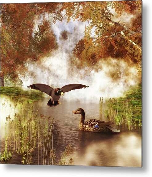 Autumn Metal Print featuring the painting Two ducks in a pond by Jan Keteleer