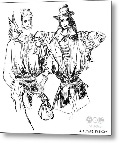 Fashion Illustration Metal Print featuring the painting Two Fashion Girls by Leslie Ouyang