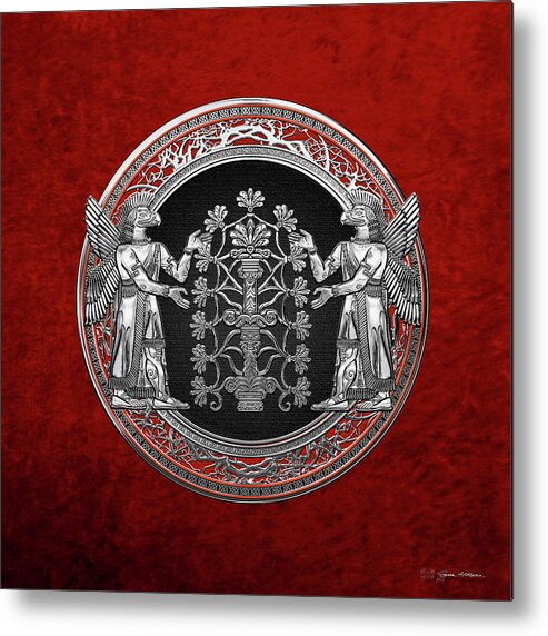 ‘treasures Of Mesopotamia’ Collection By Serge Averbukh Metal Print featuring the digital art Two Instances of Silver God Ninurta with Tree of Life over Red Velvet by Serge Averbukh