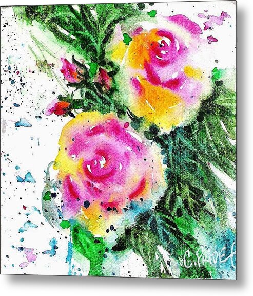 Cynthia Pride Watercolor Paintings Metal Print featuring the painting Two Roses and their Buds by Cynthia Pride