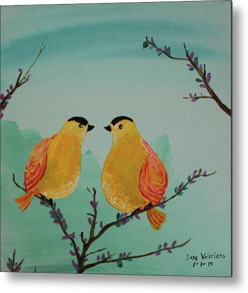 Acrylic Metal Print featuring the painting Two Yellow Chickadees by Martin Valeriano