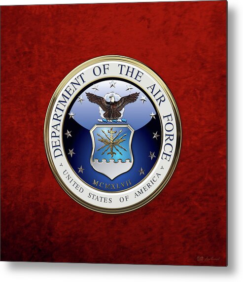 'military Insignia 3d' By Serge Averbukh Metal Print featuring the digital art U. S. Air Force - U S A F Emblem over Red Velvet by Serge Averbukh