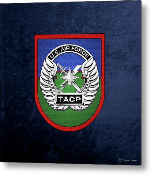 'military Insignia & Heraldry' Collection By Serge Averbukh Metal Print featuring the digital art U. S. Air Force Tactical Air Control Party - T A C P Beret Flash With Crest over Blue Velvet by Serge Averbukh