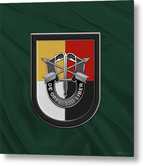'u.s. Army Special Forces' Collection By Serge Averbukh Metal Print featuring the digital art U. S. Army 3rd Special Forces Group - 3 S F G Beret Flash over Green Beret Felt by Serge Averbukh