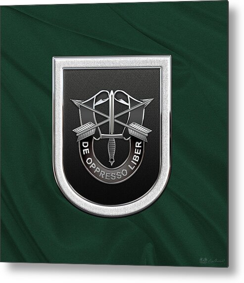 'u.s. Army Special Forces' Collection By Serge Averbukh Metal Print featuring the digital art U. S. Army 5th Special Forces Group - 5 S F G Beret Flash over Green Beret Felt by Serge Averbukh
