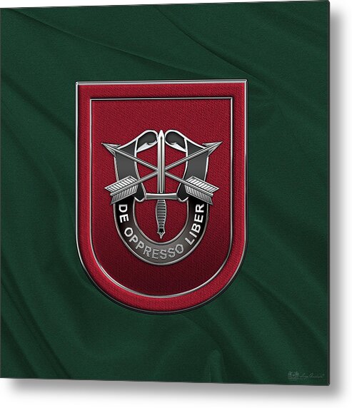 'u.s. Army Special Forces' Collection By Serge Averbukh Metal Print featuring the digital art U. S. Army 7th Special Forces Group - 7 S F G Beret Flash over Green Beret Felt by Serge Averbukh