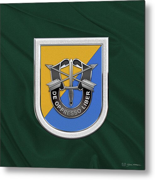 'u.s. Army Special Forces' Collection By Serge Averbukh Metal Print featuring the digital art U. S. Army 8th Special Forces Group - 8 S F G Beret Flash over Green Beret Felt by Serge Averbukh