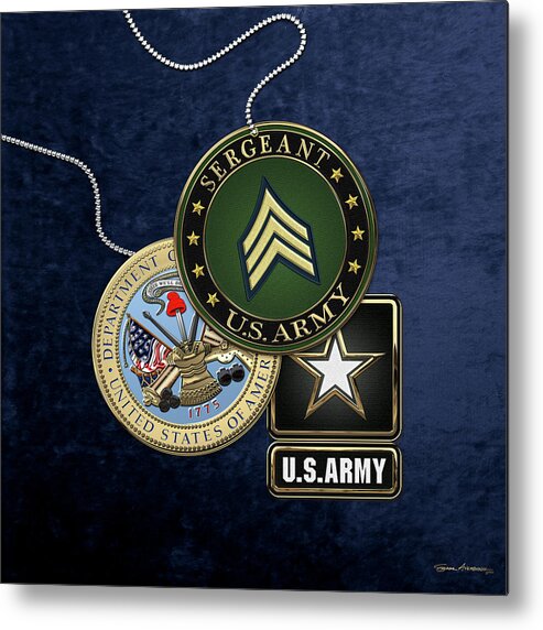 Military Insignia 3d By Serge Averbukh Metal Print featuring the digital art U. S. Army Sergeant - S G T Rank Insignia with Army Seal and Logo over Blue Velvet by Serge Averbukh