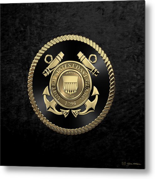 'military Insignia & Heraldry' Collection By Serge Averbukh Metal Print featuring the digital art U. S. Coast Guard - U S C G Emblem Black Edition over Black Velvet by Serge Averbukh