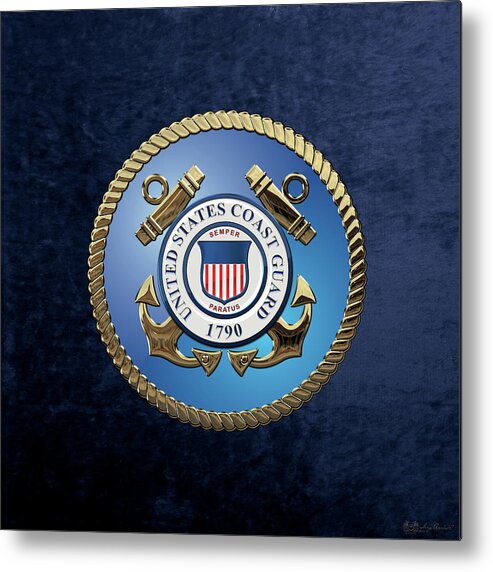 'military Insignia & Heraldry 3d' Collection By Serge Averbukh Metal Print featuring the digital art U. S. Coast Guard - U S C G Emblem over Blue Velvet by Serge Averbukh
