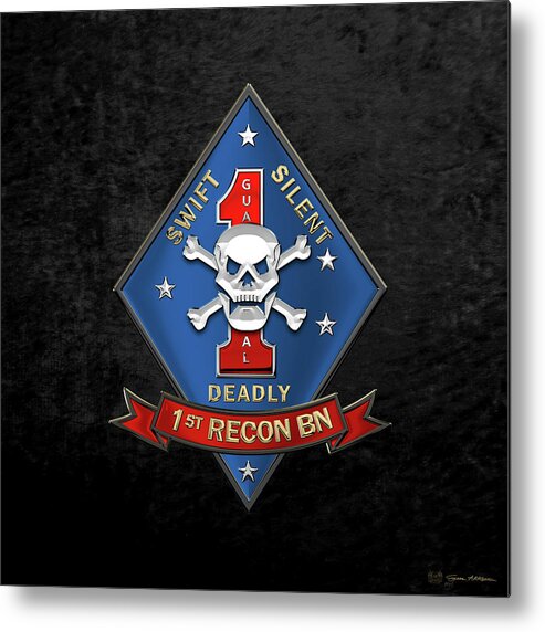 'military Insignia & Heraldry' Collection By Serge Averbukh Metal Print featuring the digital art U S M C 1st Reconnaissance Battalion - 1st Recon Bn Insignia over Black Velvet by Serge Averbukh