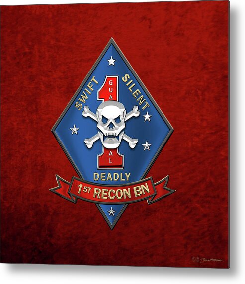 'military Insignia & Heraldry' Collection By Serge Averbukh Metal Print featuring the digital art U S M C 1st Reconnaissance Battalion - 1st Recon Bn Insignia over Red Velvet by Serge Averbukh
