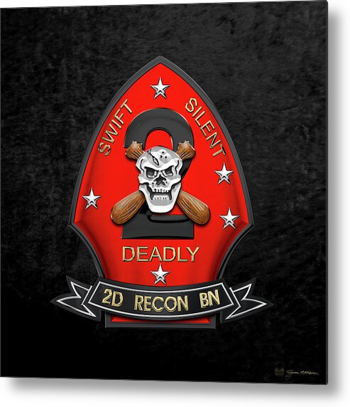 'military Insignia & Heraldry' Collection By Serge Averbukh Metal Print featuring the digital art U S M C 2nd Reconnaissance Battalion - 2nd Recon Bn Insignia over Black Velvet by Serge Averbukh