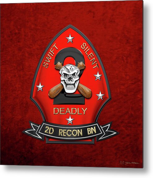 'military Insignia & Heraldry' Collection By Serge Averbukh Metal Print featuring the digital art U S M C 2nd Reconnaissance Battalion - 2nd Recon Bn Insignia over Red Velvet by Serge Averbukh