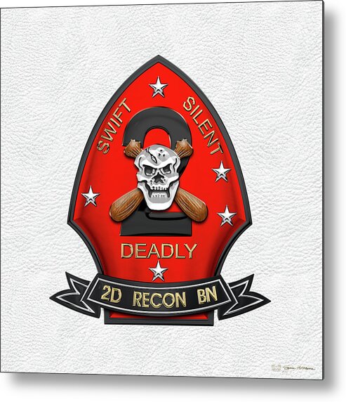 'military Insignia & Heraldry' Collection By Serge Averbukh Metal Print featuring the digital art U S M C 2nd Reconnaissance Battalion - 2nd Recon Bn Insignia over White Leather by Serge Averbukh