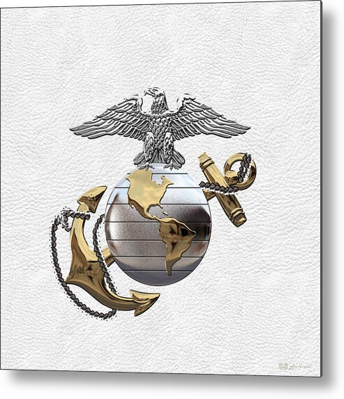 'usmc' Collection By Serge Averbukh Metal Print featuring the digital art U S M C Eagle Globe and Anchor - C O and Warrant Officer E G A over White Leather by Serge Averbukh
