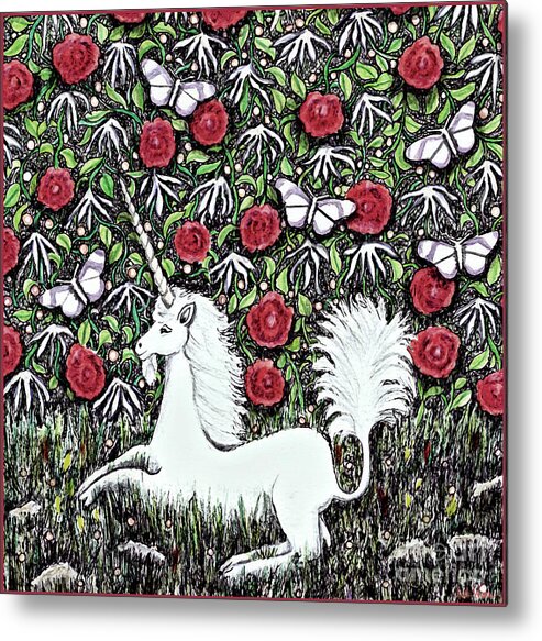 Lise Winne Metal Print featuring the digital art Unicorn with Red Roses and Butterflies by Lise Winne