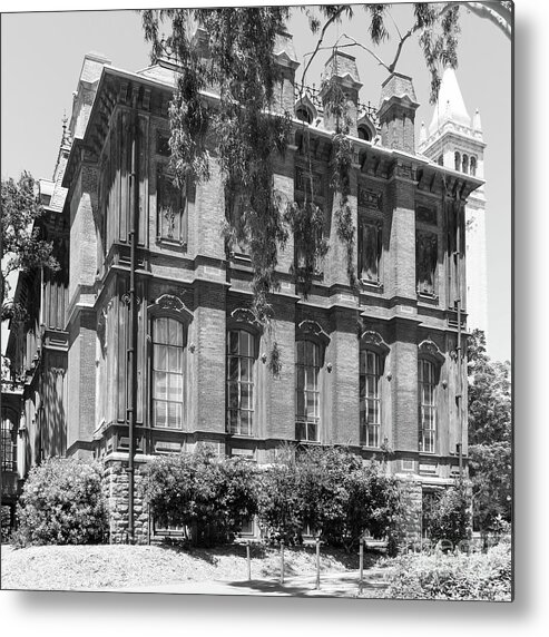 Wingsdomain Metal Print featuring the photograph University of California Berkeley Historic South Hall and The Campanile DSC4058 square bw by Wingsdomain Art and Photography